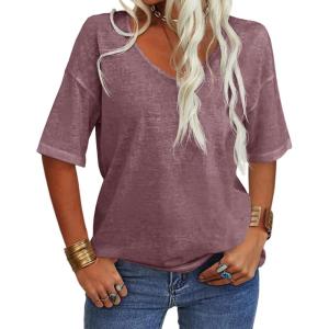 Tankaneo Women’s 3/4 Sleeve Shirts V Neck Loose Fitting Tops Casual Solid Color Tshirts Trendy Basic Tunic Summer Ladies Tops(Wine Red)