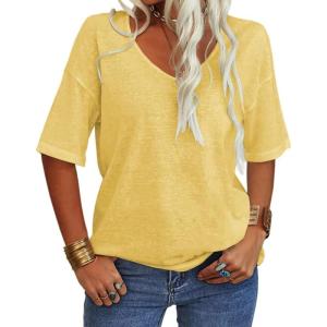 Tankaneo Women’s 3/4 Sleeve Shirts V Neck Loose Fitting Tops Casual Solid Color Tshirts Trendy Basic Tunic Summer Ladies Tops(Yellow)