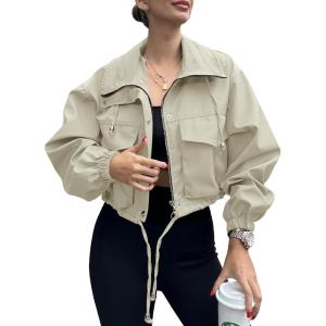 Tankaneo Womens Cropped Jacket Zip Up Lightweight Oversized Utility Anorak Coat with Pockets(Beige)