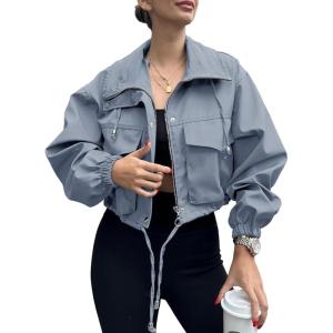 Tankaneo Womens Cropped Jacket Zip Up Lightweight Oversized Utility Anorak Coat with Pockets(Blue Grey)