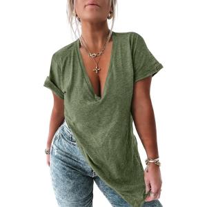 Tankaneo Womens Deep V Neck Short Sleeve T Shirts Side Slit Oversized Summer Loose Tunic Top(Army Green)