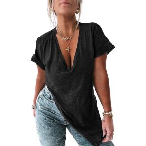 Tankaneo Womens Deep V Neck Short Sleeve T Shirts Side Slit Oversized Summer Loose Tunic Top(Black)
