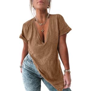 Tankaneo Womens Deep V Neck Short Sleeve T Shirts Side Slit Oversized Summer Loose Tunic Top(Coffee)