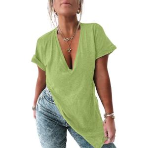 Tankaneo Womens Deep V Neck Short Sleeve T Shirts Side Slit Oversized Summer Loose Tunic Top(Light Green)
