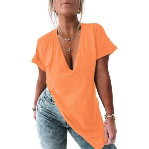 Tankaneo Womens Deep V Neck Short Sleeve T Shirts Side Slit Oversized Summer Loose Tunic Top(Orange)
