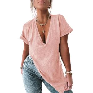 Tankaneo Womens Deep V Neck Short Sleeve T Shirts Side Slit Oversized Summer Loose Tunic Top(Pink)