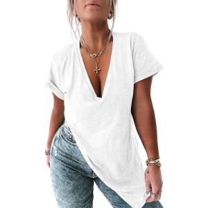 Tankaneo Womens Deep V Neck Short Sleeve T Shirts Side Slit Oversized Summer Loose Tunic Top(White)