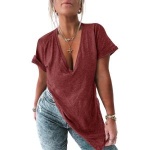 Tankaneo Womens Deep V Neck Short Sleeve T Shirts Side Slit Oversized Summer Loose Tunic Top(Wine Red 1)