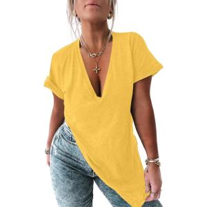 Tankaneo Womens Deep V Neck Short Sleeve T Shirts Side Slit Oversized Summer Loose Tunic Top(Yellow)