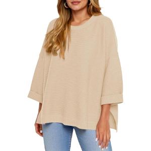 Tankaneo Women’s Oversized Sweaters Casual 3/4 Long Sleeve Crewneck Ribbed Knit Split Tunics Fall Loose Pullover Tops(Apricot)