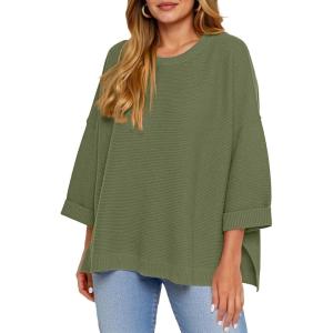 Tankaneo Women’s Oversized Sweaters Casual 3/4 Long Sleeve Crewneck Ribbed Knit Split Tunics Fall Loose Pullover Tops(Army Green)