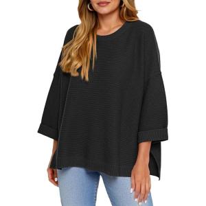 Tankaneo Women’s Oversized Sweaters Casual 3/4 Long Sleeve Crewneck Ribbed Knit Split Tunics Fall Loose Pullover Tops(Black)