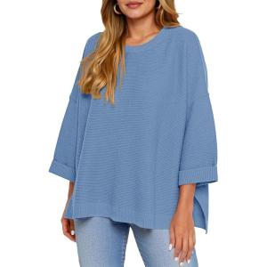 Tankaneo Women’s Oversized Sweaters Casual 3/4 Long Sleeve Crewneck Ribbed Knit Split Tunics Fall Loose Pullover Tops(Blue)