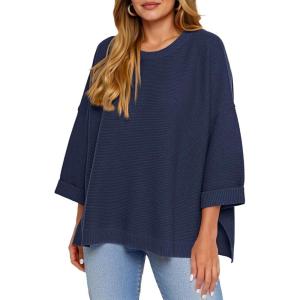 Tankaneo Women’s Oversized Sweaters Casual 3/4 Long Sleeve Crewneck Ribbed Knit Split Tunics Fall Loose Pullover Tops(Navy)