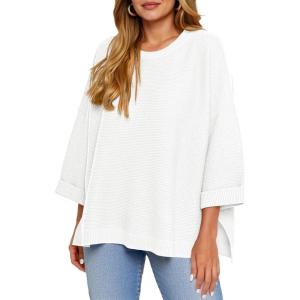Tankaneo Women’s Oversized Sweaters Casual 3/4 Long Sleeve Crewneck Ribbed Knit Split Tunics Fall Loose Pullover Tops(White)