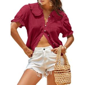 Tankaneo Womens Puff Sleeve Shirts Peter Pan Collar Button Down Cotton Blouse Casual Summer Textured Tops(Dark Red)