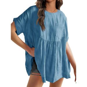 Tankaneo Womens Summer Babydoll Tops Casual Loose Fit Peplum Oversized Tunic Shirts(Blue)