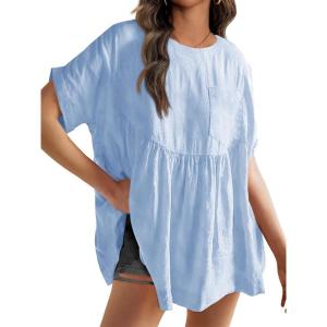 Tankaneo Womens Summer Babydoll Tops Casual Loose Fit Peplum Oversized Tunic Shirts(Light Blue)