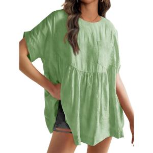 Tankaneo Womens Summer Babydoll Tops Casual Loose Fit Peplum Oversized Tunic Shirts(Matcha Green)