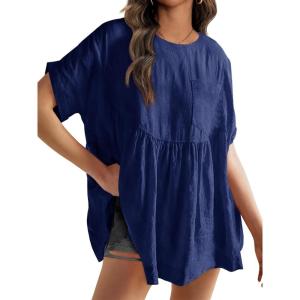 Tankaneo Womens Summer Babydoll Tops Casual Loose Fit Peplum Oversized Tunic Shirts(Navy)