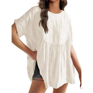 Tankaneo Womens Summer Babydoll Tops Casual Loose Fit Peplum Oversized Tunic Shirts(Off-white)