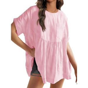 Tankaneo Womens Summer Babydoll Tops Casual Loose Fit Peplum Oversized Tunic Shirts(Pink)