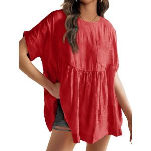 Tankaneo Womens Summer Babydoll Tops Casual Loose Fit Peplum Oversized Tunic Shirts(Red)