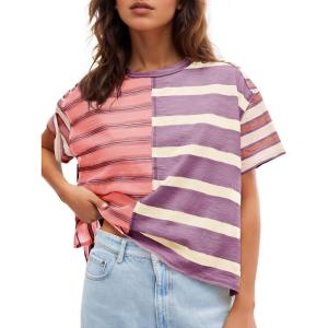 Tankaneo Womens Summer Striped Shirts Casual Color Block Short Sleeve Tops Loose Fit Crew Neck Tees(Bean Paste Red)