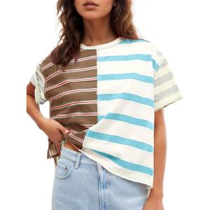 Tankaneo Womens Summer Striped Shirts Casual Color Block Short Sleeve Tops Loose Fit Crew Neck Tees(Beige)