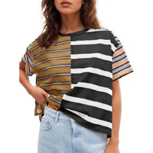 Tankaneo Womens Summer Striped Shirts Casual Color Block Short Sleeve Tops Loose Fit Crew Neck Tees(Black)
