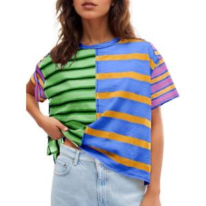 Tankaneo Womens Summer Striped Shirts Casual Color Block Short Sleeve Tops Loose Fit Crew Neck Tees(Blue&green)