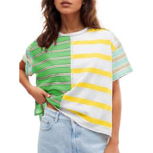 Tankaneo Womens Summer Striped Shirts Casual Color Block Short Sleeve Tops Loose Fit Crew Neck Tees(Green)