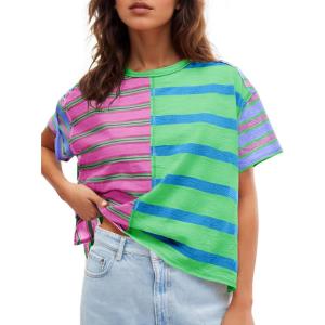 Tankaneo Womens Summer Striped Shirts Casual Color Block Short Sleeve Tops Loose Fit Crew Neck Tees(Green Purple)