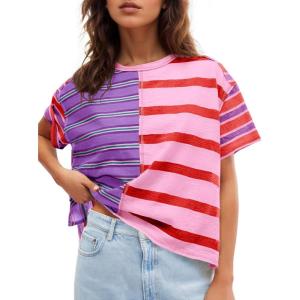 Tankaneo Womens Summer Striped Shirts Casual Color Block Short Sleeve Tops Loose Fit Crew Neck Tees(Lilac)