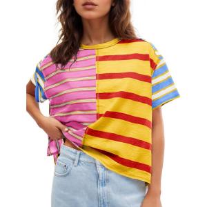 Tankaneo Womens Summer Striped Shirts Casual Color Block Short Sleeve Tops Loose Fit Crew Neck Tees(Mustard)