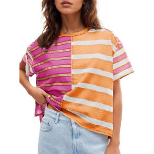 Tankaneo Womens Summer Striped Shirts Casual Color Block Short Sleeve Tops Loose Fit Crew Neck Tees(Orange)