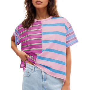 Tankaneo Womens Summer Striped Shirts Casual Color Block Short Sleeve Tops Loose Fit Crew Neck Tees(Pink)