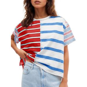 Tankaneo Womens Summer Striped Shirts Casual Color Block Short Sleeve Tops Loose Fit Crew Neck Tees(Red)
