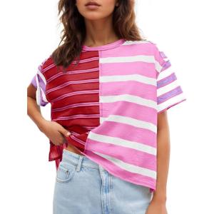 Tankaneo Womens Summer Striped Shirts Casual Color Block Short Sleeve Tops Loose Fit Crew Neck Tees(Rose Red)