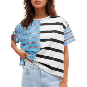 Tankaneo Womens Summer Striped Shirts Casual Color Block Short Sleeve Tops Loose Fit Crew Neck Tees(Sky Blue)