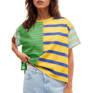 Tankaneo Womens Summer Striped Shirts Casual Color Block Short Sleeve Tops Loose Fit Crew Neck Tees(Yellow)