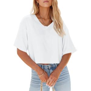 Tankaneo Womens V Neck Cropped T Shirts Casual Summer Crop Tops Half Sleeve Solid Color Crop Baisc Tees(A1-white)