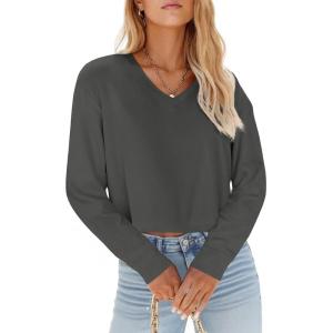 Tankaneo Womens V Neck Cropped T Shirts Casual Summer Crop Tops Half Sleeve Solid Color Crop Baisc Tees(A-dark Grey)
