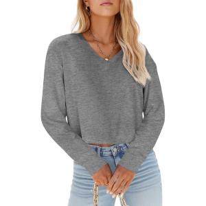 Tankaneo Womens V Neck Cropped T Shirts Casual Summer Crop Tops Half Sleeve Solid Color Crop Baisc Tees(A-gray)