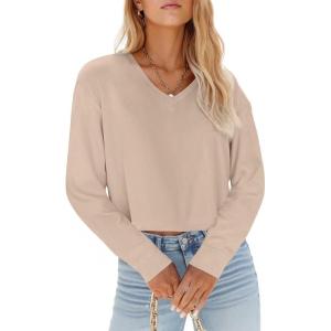 Tankaneo Womens V Neck Cropped T Shirts Casual Summer Crop Tops Half Sleeve Solid Color Crop Baisc Tees(A-khaki)