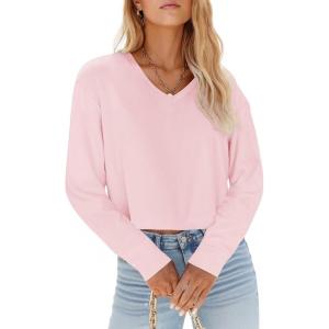 Tankaneo Womens V Neck Cropped T Shirts Casual Summer Crop Tops Half Sleeve Solid Color Crop Baisc Tees(A-pink)