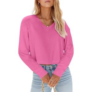 Tankaneo Womens V Neck Cropped T Shirts Casual Summer Crop Tops Half Sleeve Solid Color Crop Baisc Tees(A-rose Red)