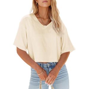 Tankaneo Womens V Neck Cropped T Shirts Casual Summer Crop Tops Half Sleeve Solid Color Crop Baisc Tees(Beige)