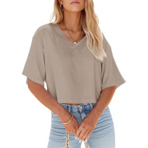 Tankaneo Womens V Neck Cropped T Shirts Casual Summer Crop Tops Half Sleeve Solid Color Crop Baisc Tees(B-khaki)
