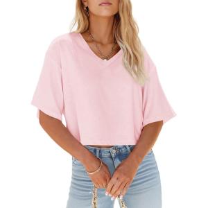 Tankaneo Womens V Neck Cropped T Shirts Casual Summer Crop Tops Half Sleeve Solid Color Crop Baisc Tees(B-pink)
